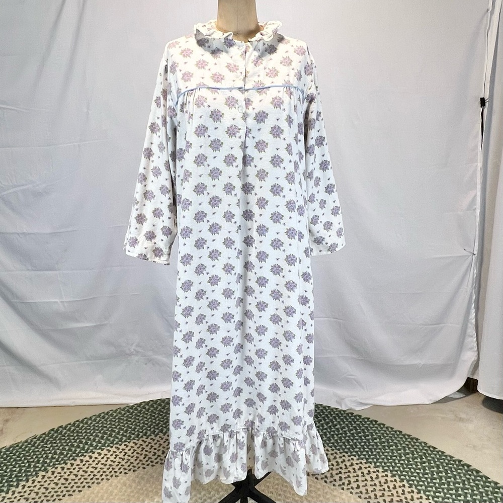 VINTAGE floral flannel brushed cotton floral nightgown‎ ruffle maxi long sleeve - Picture 10 of 16